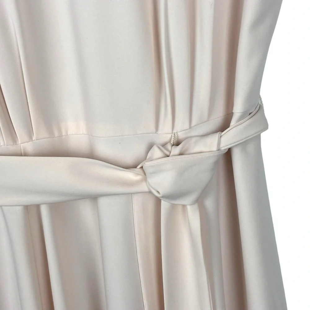 GAL MEETS GLAM ELEANOR PUFF SLEEVE TIE WAIST CREAM SATIN TWILL DRESS